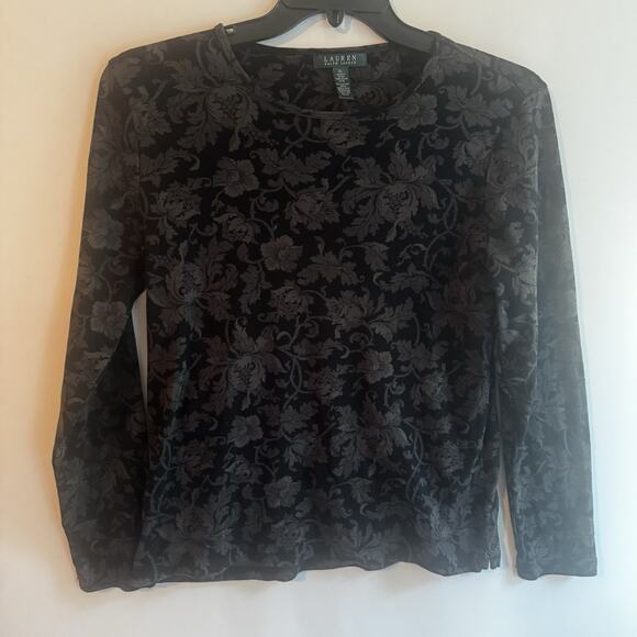 Lauren Ralph Lauren Womens XL Top Black Floral Baroque Floral Long Sleeve Cotton - Picture 3 of 11